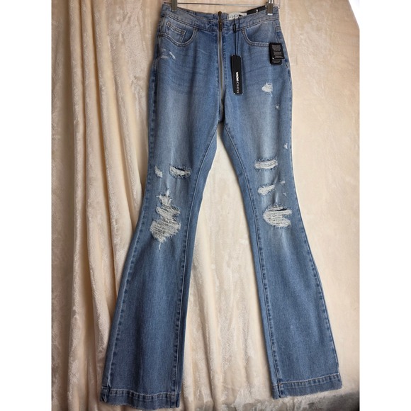 Fashion Nova Denim - Fashion Nova Light Wash Distressed Flare Jeans Front Zipper Women's Size 3 NWT